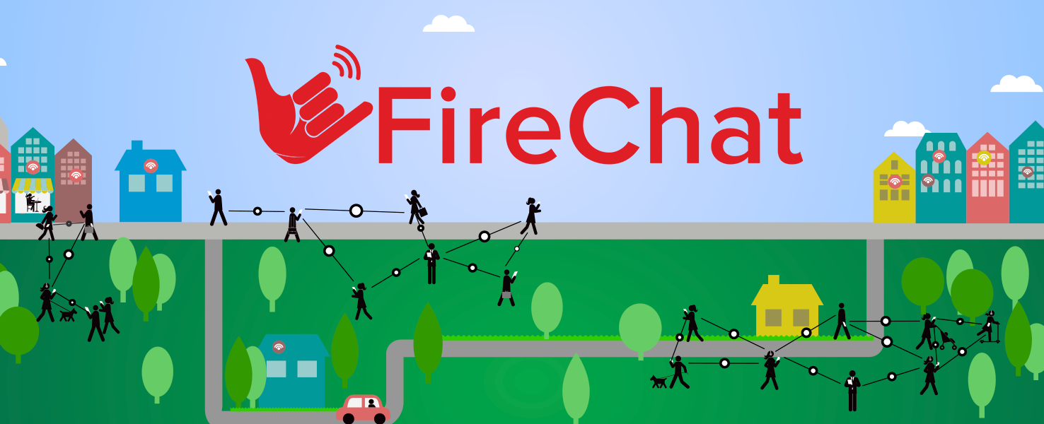 Illustratie met het rode logo van FireChat boven een stadje met huizen en bomen, waarin poppetjes met telefoons via lijntjes met elkaar zijn verbonden als een netwerk.